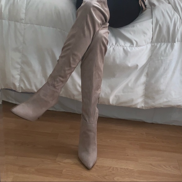 Light Grey Suade Over the Knee Boots - Picture 2 of 5